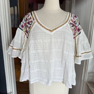 Anthropologie Embroidered Boho Gypsy Top Sz M Oversize Short HiLo Flared Sleeves